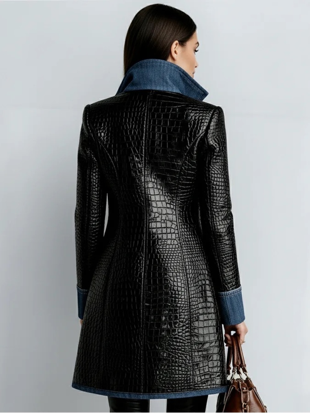 Revolve Attrime Black Croc-Embossed Vegan Leather Coat with Denim Trim - Picture 2 of 4